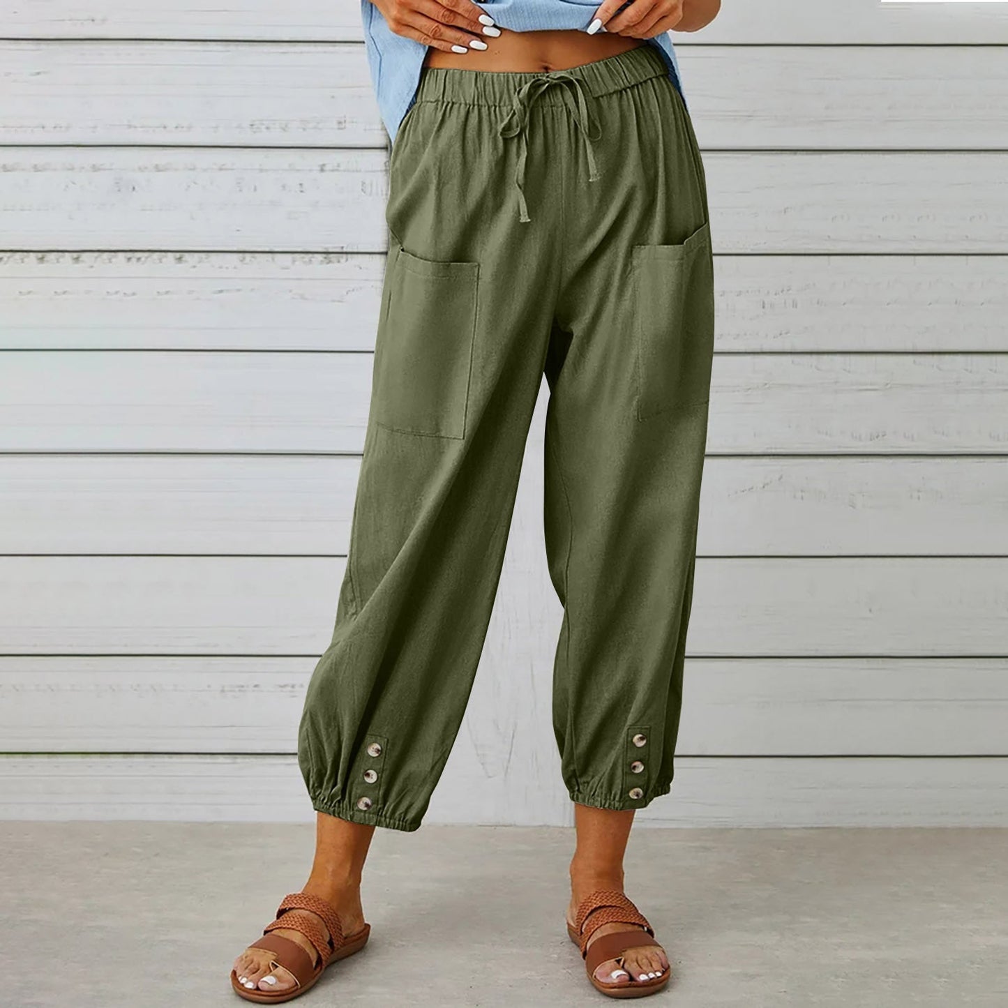 Michelle – Damen Baumwoll-Leinenhose mit Kordelzug und Taschen