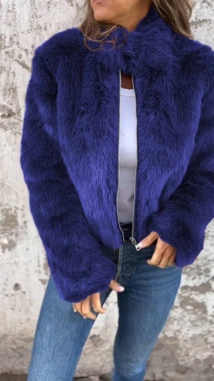 Gillian – Modischer Plüschkragen Winterjacke mit Reißverschluss