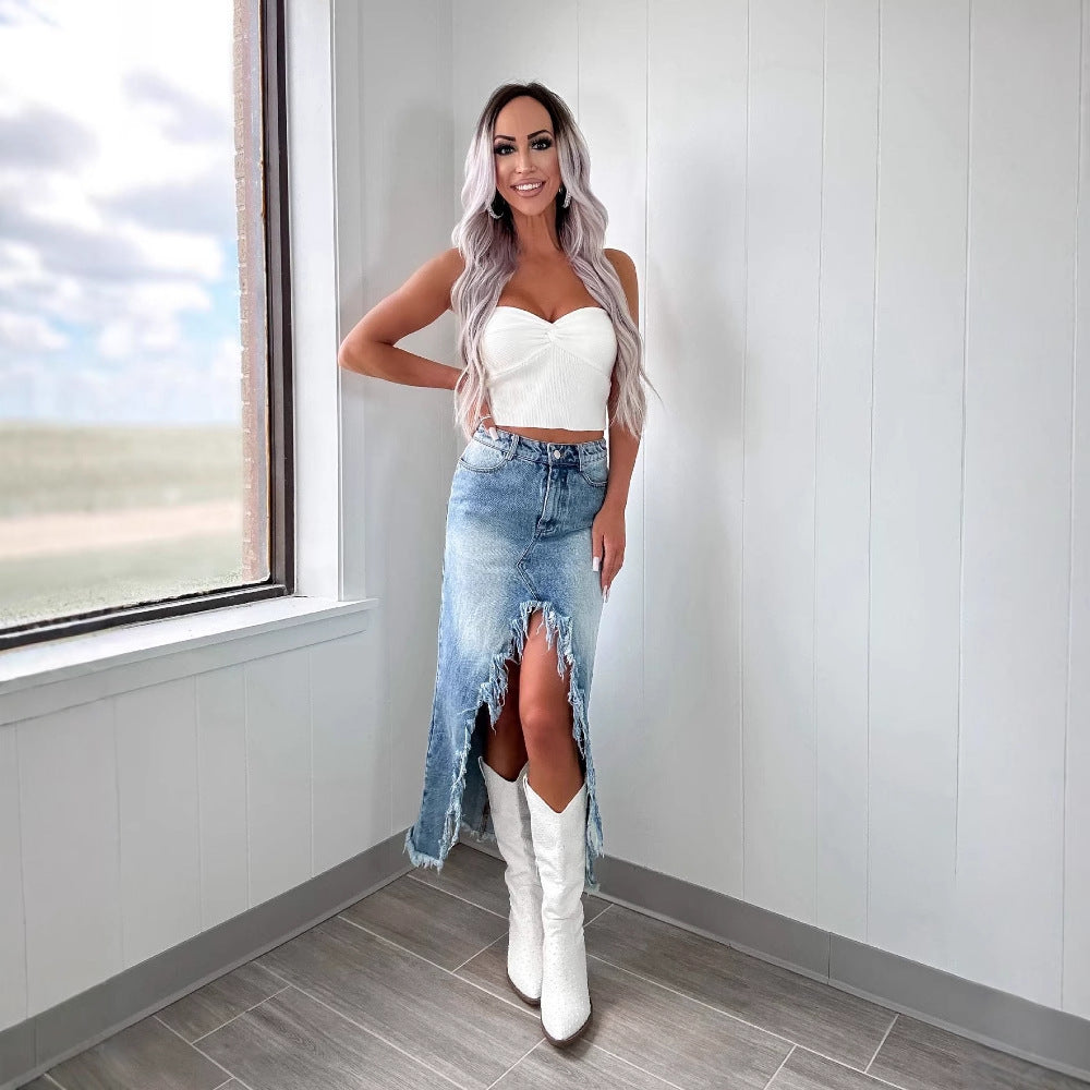 Megan – Asymmetrischer Damenrock mit ausgefranstem Saum