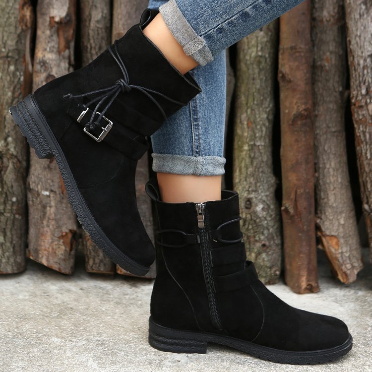 Anna – Runde Zehen Stiefel mit Schnalle und Seitlichem Reißverschluss