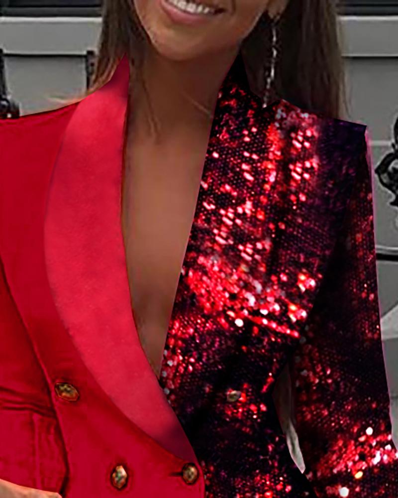 Damen Elegantes Blazer-Kleid für Party und Abend – Sexy Patchwork-Look mit Pailletten, Tiefer V-Ausschnitt, Mini-Länge