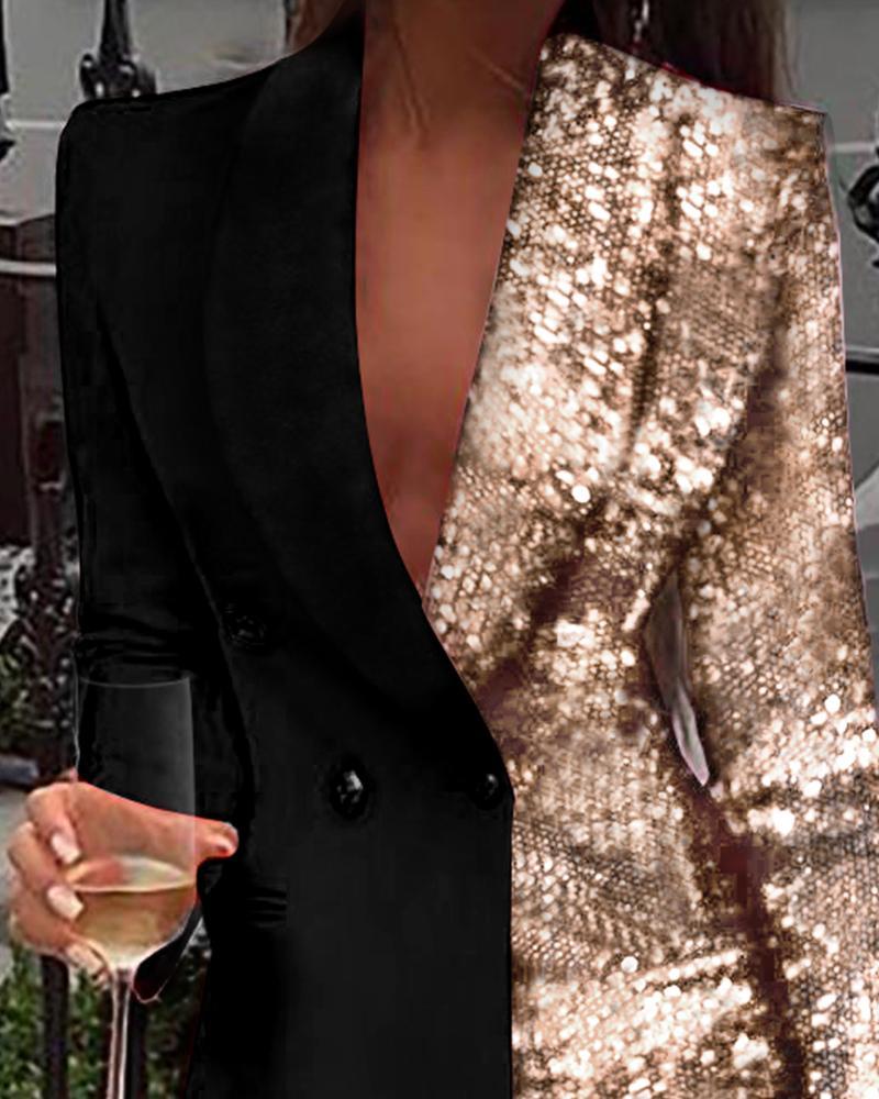 Damen Elegantes Blazer-Kleid für Party und Abend – Sexy Patchwork-Look mit Pailletten, Tiefer V-Ausschnitt, Mini-Länge