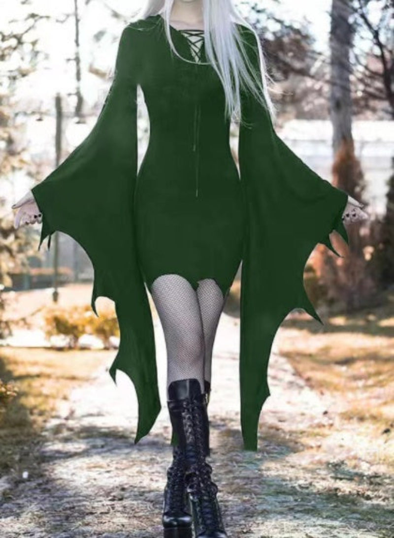 Halloween Damen Kostüm Kleid – Gothic Hexen Kleid mit Fledermausärmeln für Halloween Party & Cosplay