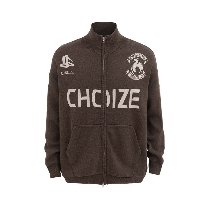 Julian – Retro Alphabet Jacquard Strickjacke mit Stehkragen