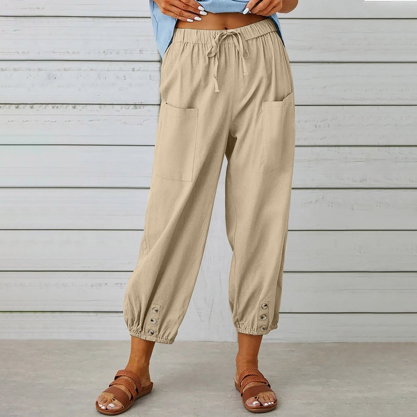 Michelle – Damen Baumwoll-Leinenhose mit Kordelzug und Taschen