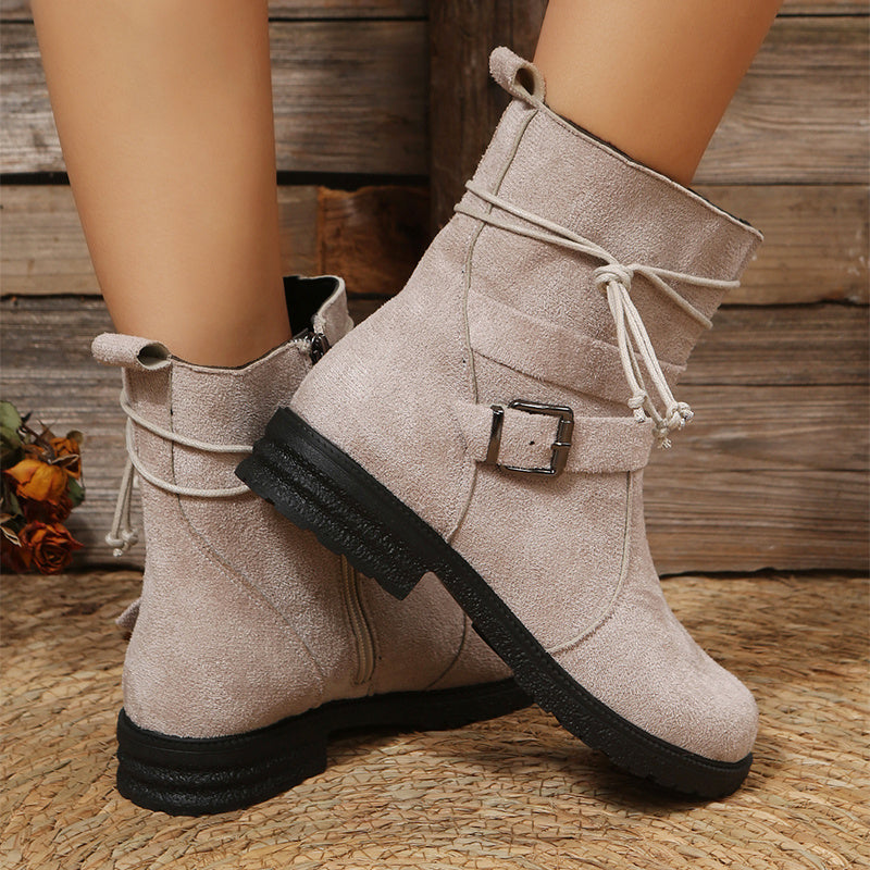 Anna – Runde Zehen Stiefel mit Schnalle und Seitlichem Reißverschluss