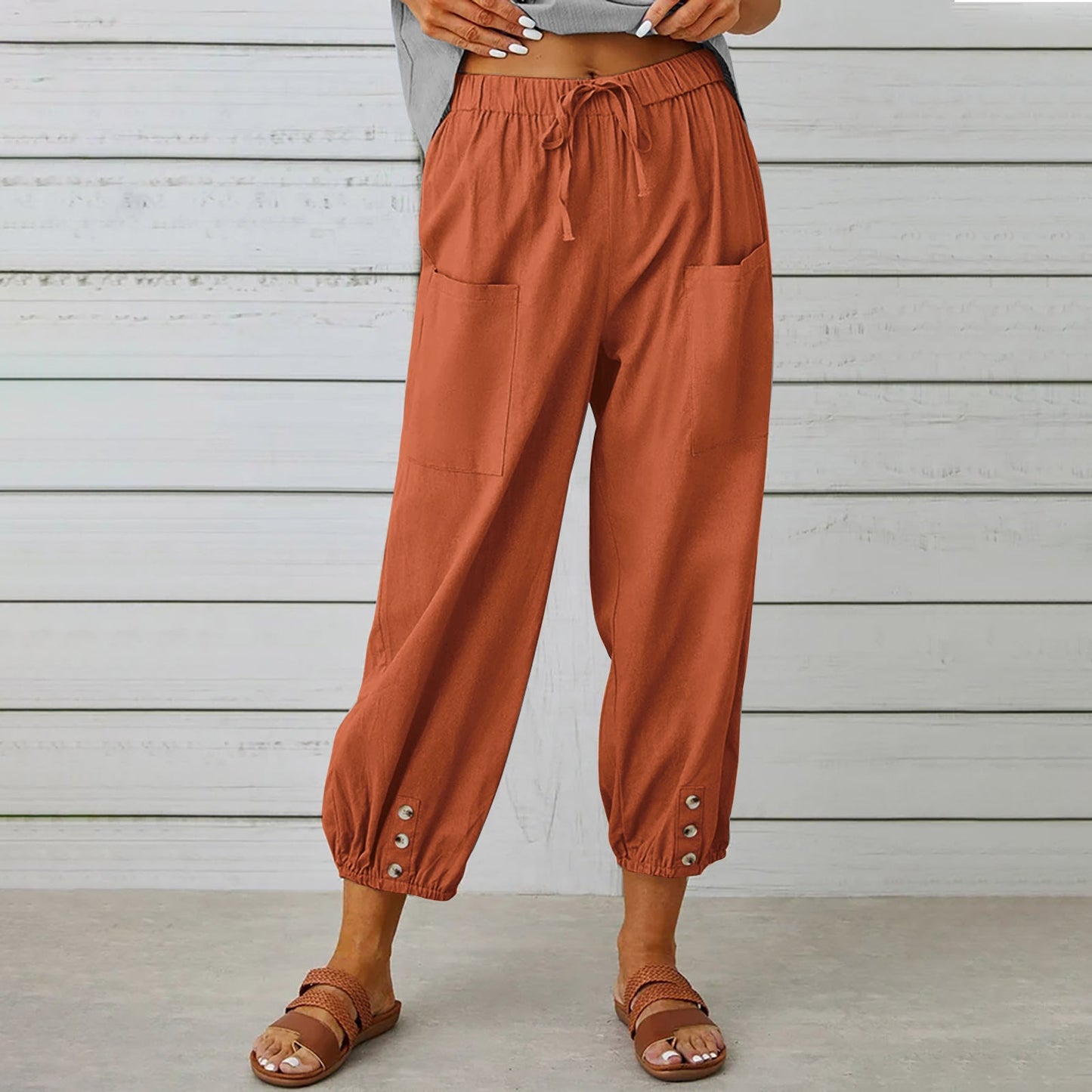 Michelle – Damen Baumwoll-Leinenhose mit Kordelzug und Taschen