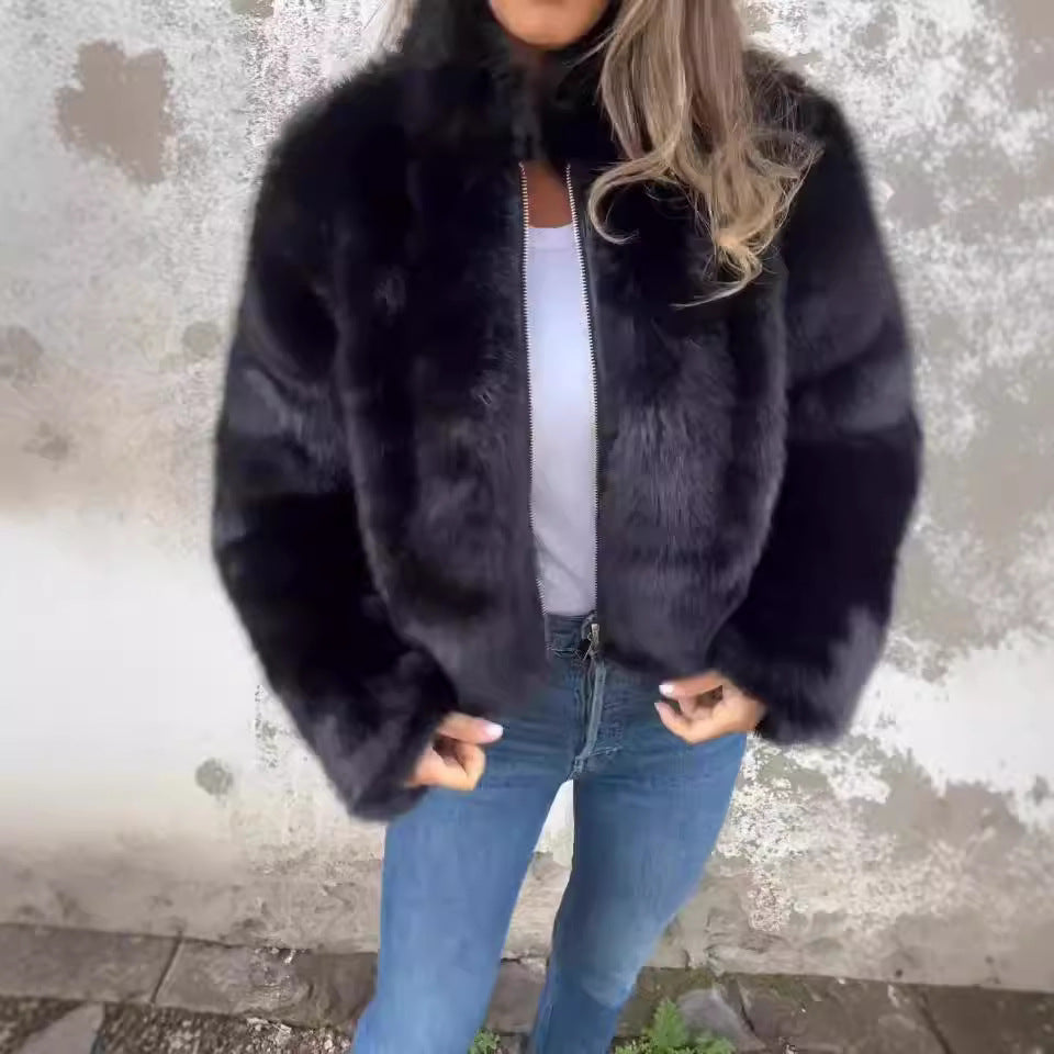 Gillian – Modischer Plüschkragen Winterjacke mit Reißverschluss