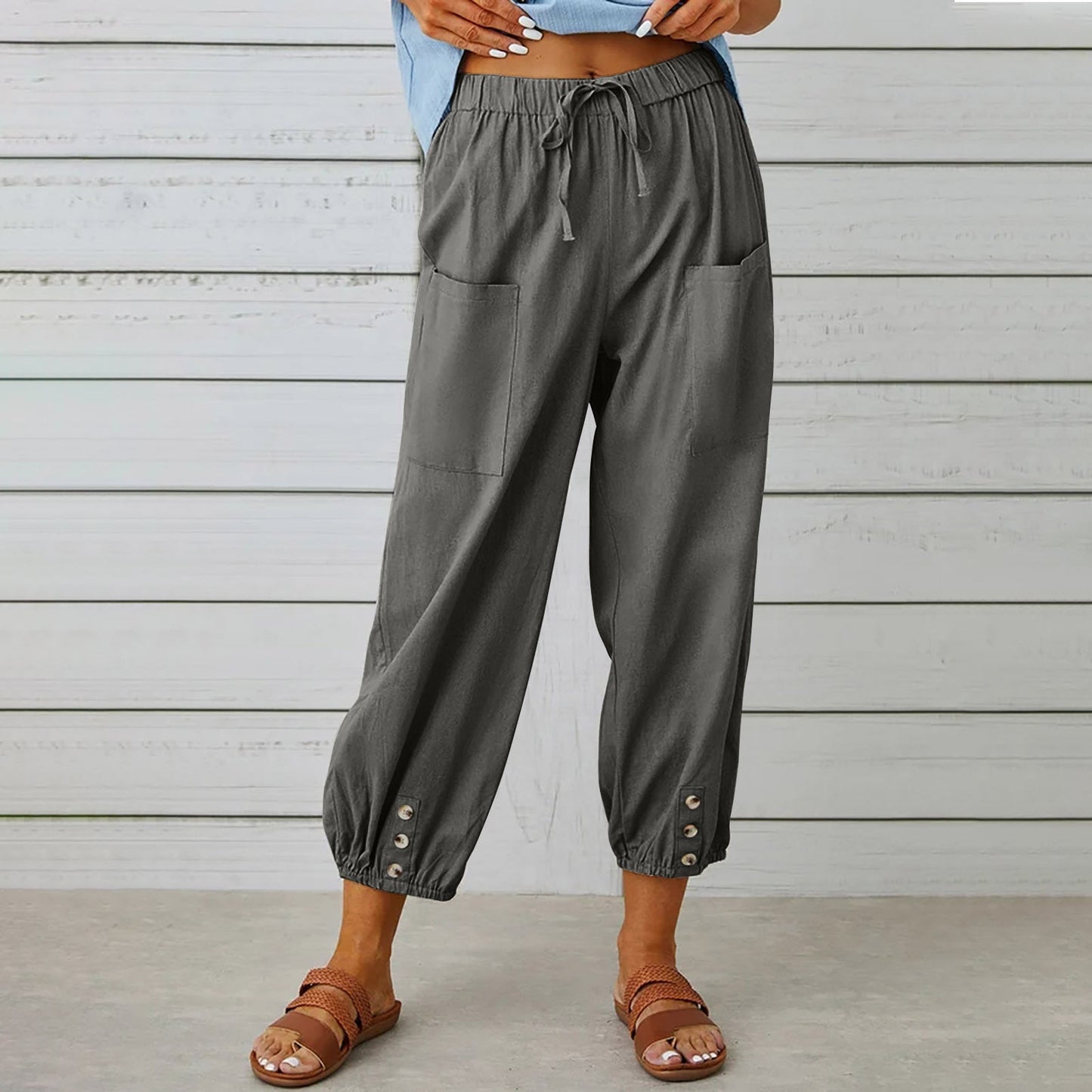 Michelle – Damen Baumwoll-Leinenhose mit Kordelzug und Taschen