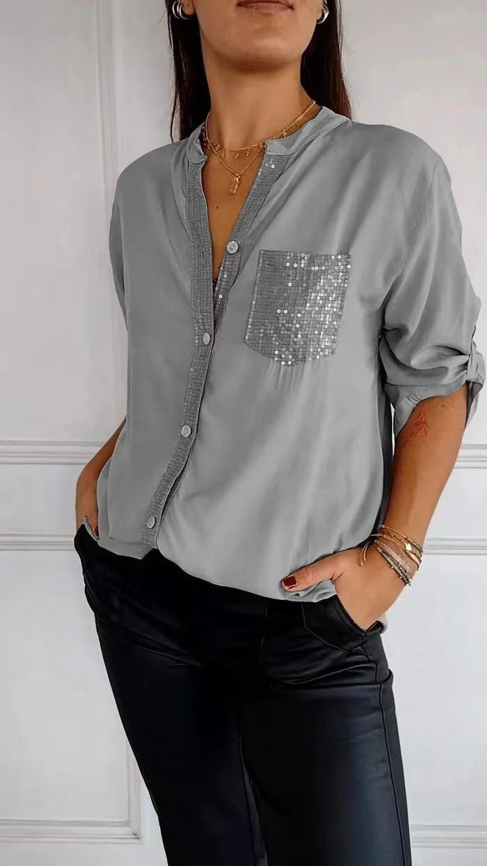 Ruth – Freizeit Bluse mit Pailletten Tasche Design