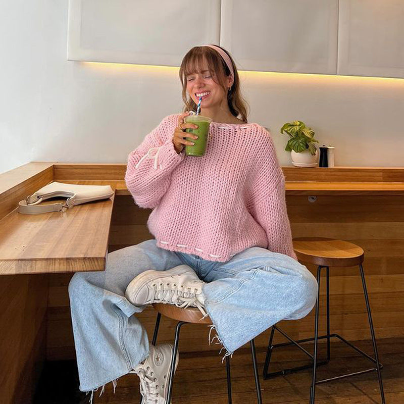 Katy – Y2K Pullover mit Schleife und langen Ärmeln