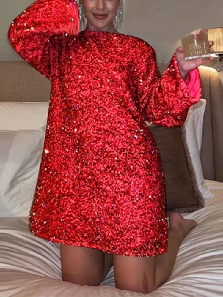 Barbara – Pailletten-Kleid mit Rückenschleife und Rundhalsausschnitt