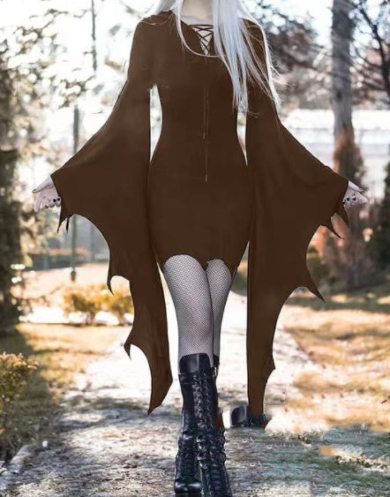 Halloween Damen Kostüm Kleid – Gothic Hexen Kleid mit Fledermausärmeln für Halloween Party & Cosplay