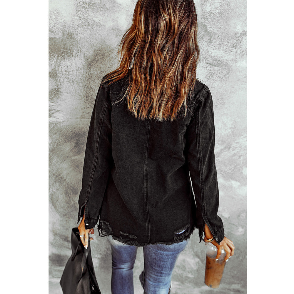 Ruby – Schwarze Ripped Denim-Jacke mit langen Ärmeln
