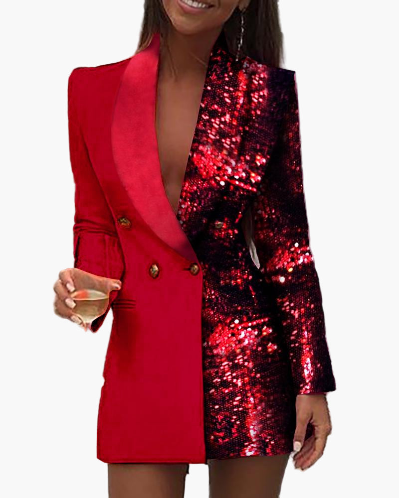 Damen Elegantes Blazer-Kleid für Party und Abend – Sexy Patchwork-Look mit Pailletten, Tiefer V-Ausschnitt, Mini-Länge