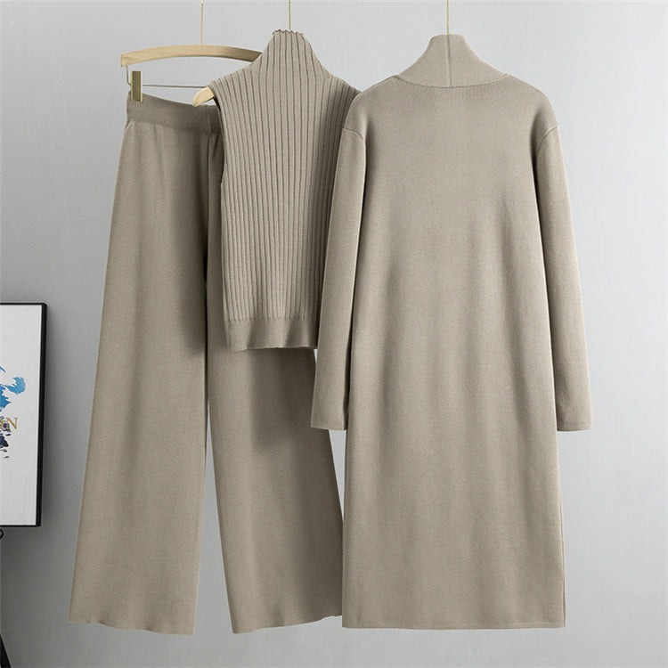Linda – Strickmode Dreiteiliges Set mit Weste, Cardigan und Weithosen
