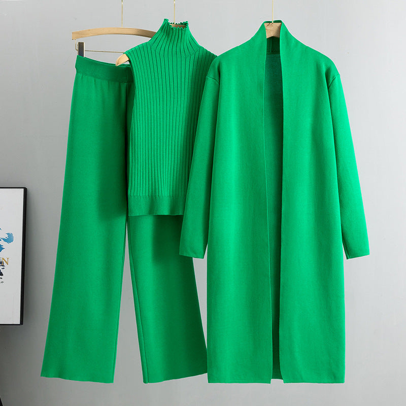 Linda – Strickmode Dreiteiliges Set mit Weste, Cardigan und Weithosen