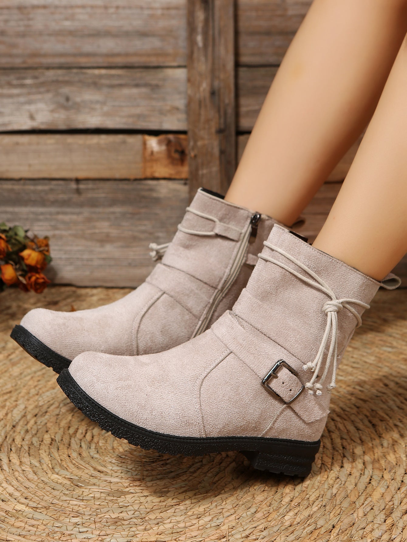 Anna – Runde Zehen Stiefel mit Schnalle und Seitlichem Reißverschluss