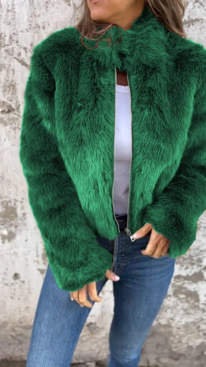 Gillian – Modischer Plüschkragen Winterjacke mit Reißverschluss