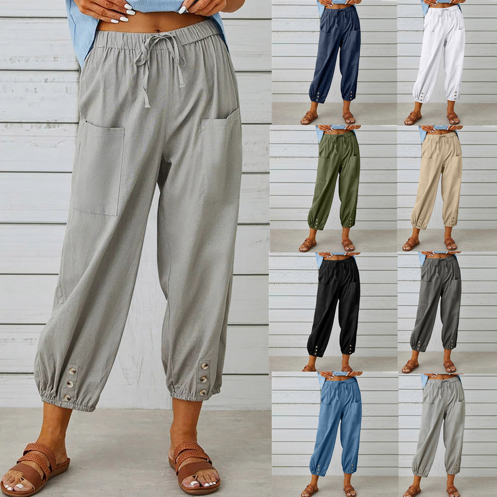 Michelle – Damen Baumwoll-Leinenhose mit Kordelzug und Taschen