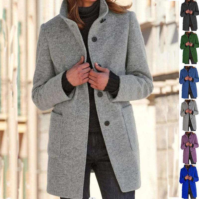 Nicola – Wollmantel mit Stehkragen und Taschen für Damen