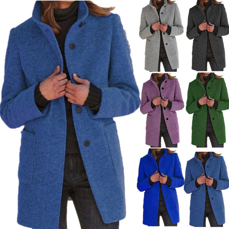 Nicola – Wollmantel mit Stehkragen und Taschen für Damen