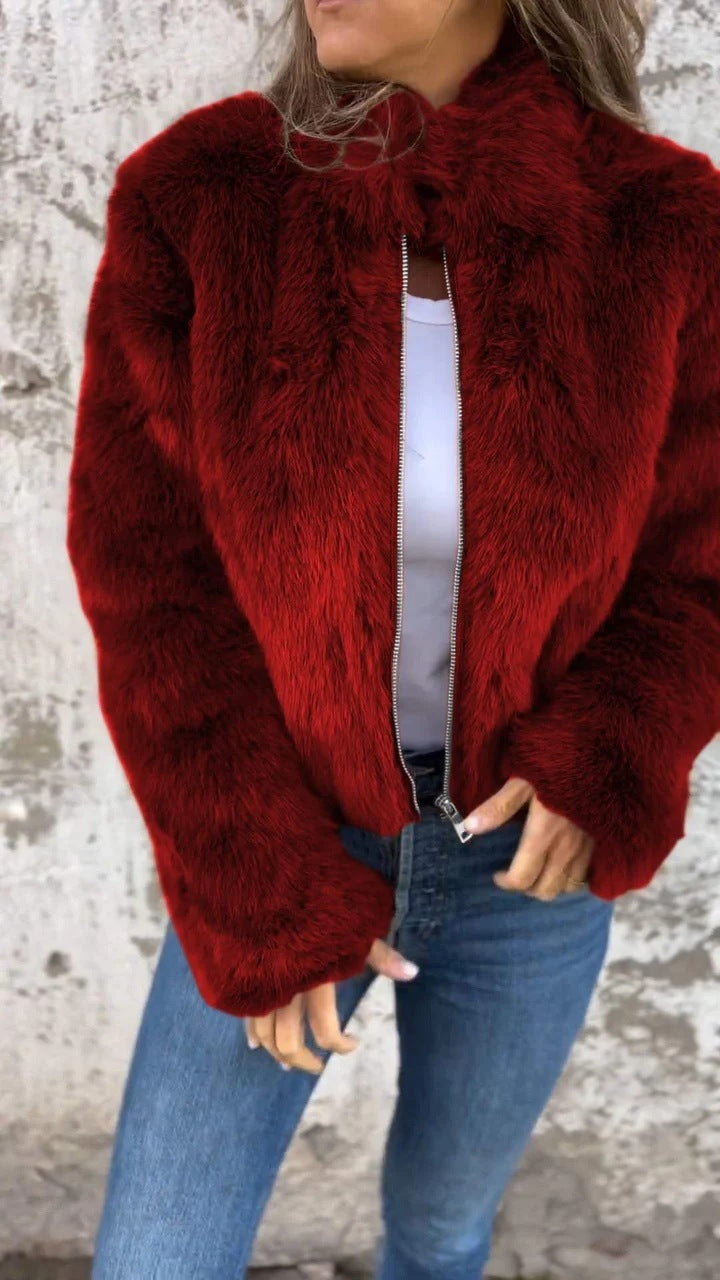 Gillian – Modischer Plüschkragen Winterjacke mit Reißverschluss
