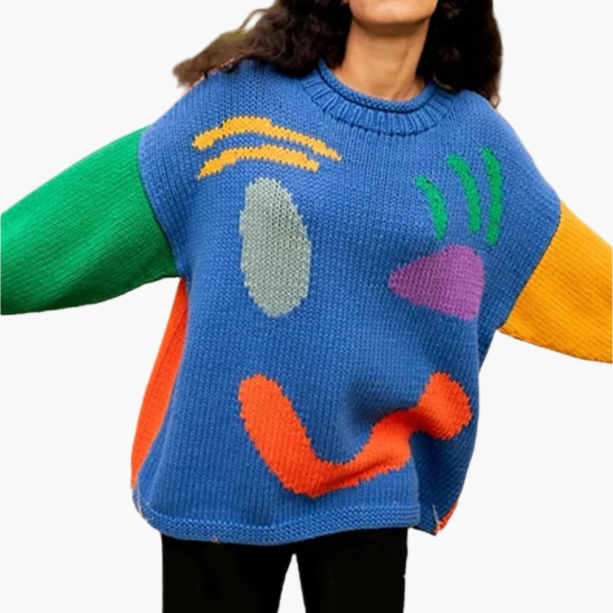 Damen Strickpullover Happy Sunday mit abstraktem Gesichtsmotiv – Komfortabler Freizeit-Look