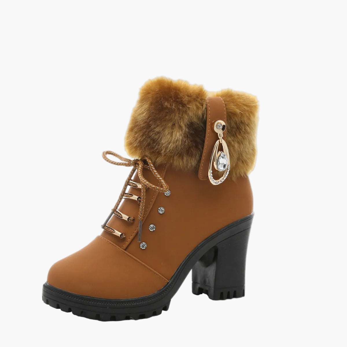 Damen Winterstiefeletten mit Absatz, Schnürung und Kunstfellkragen – Elegante Outdoor-Boots für kalte Tage