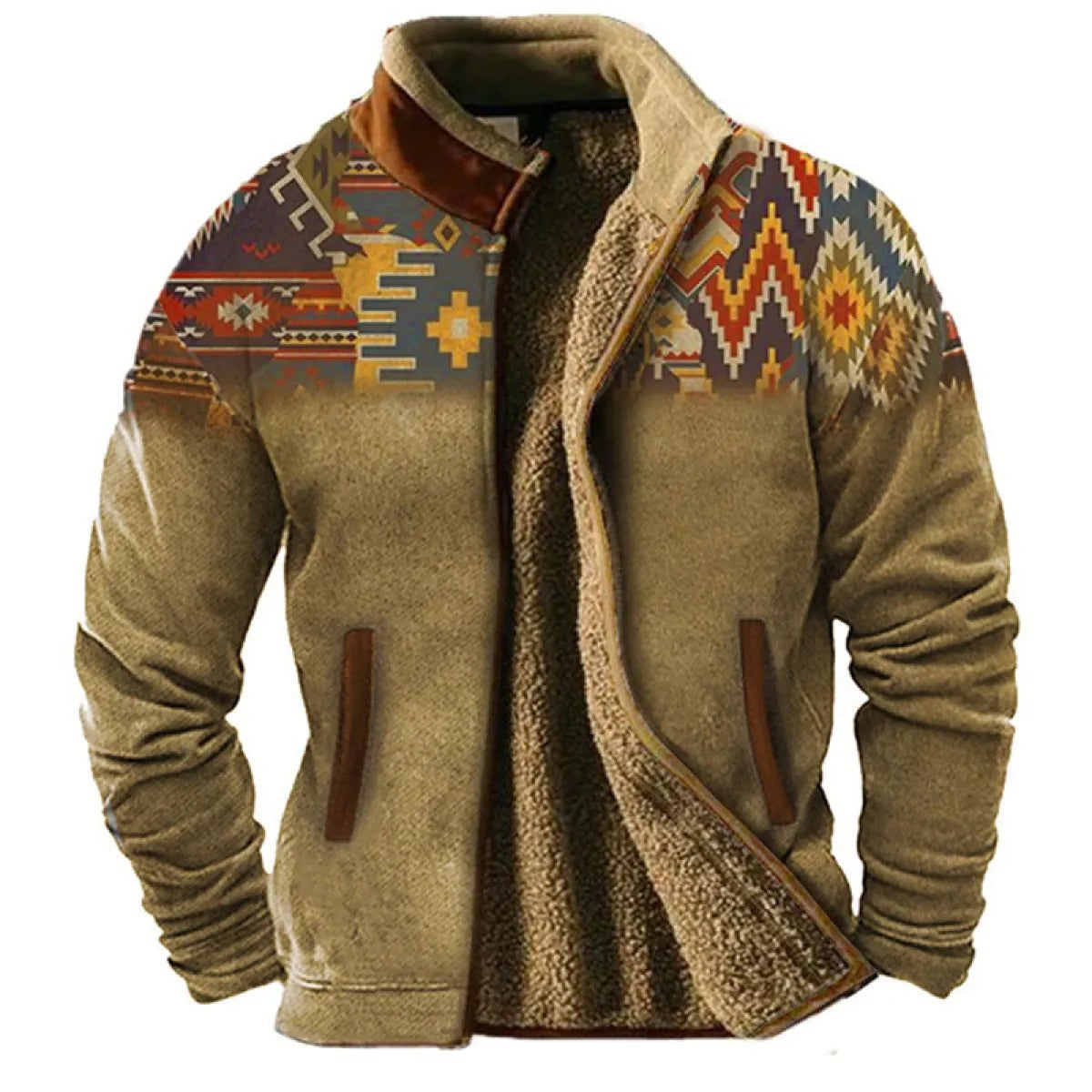 Herren Fleecejacke im Ethno-Stil – Warme Outdoor Freizeitjacke mit Muster
