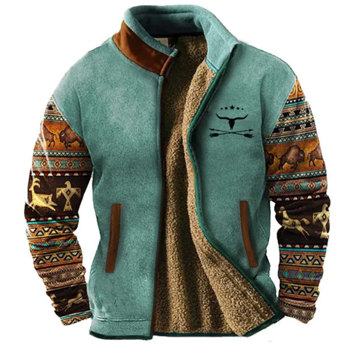 Herren Fleecejacke im Ethno-Stil – Warme Outdoor Freizeitjacke mit Muster