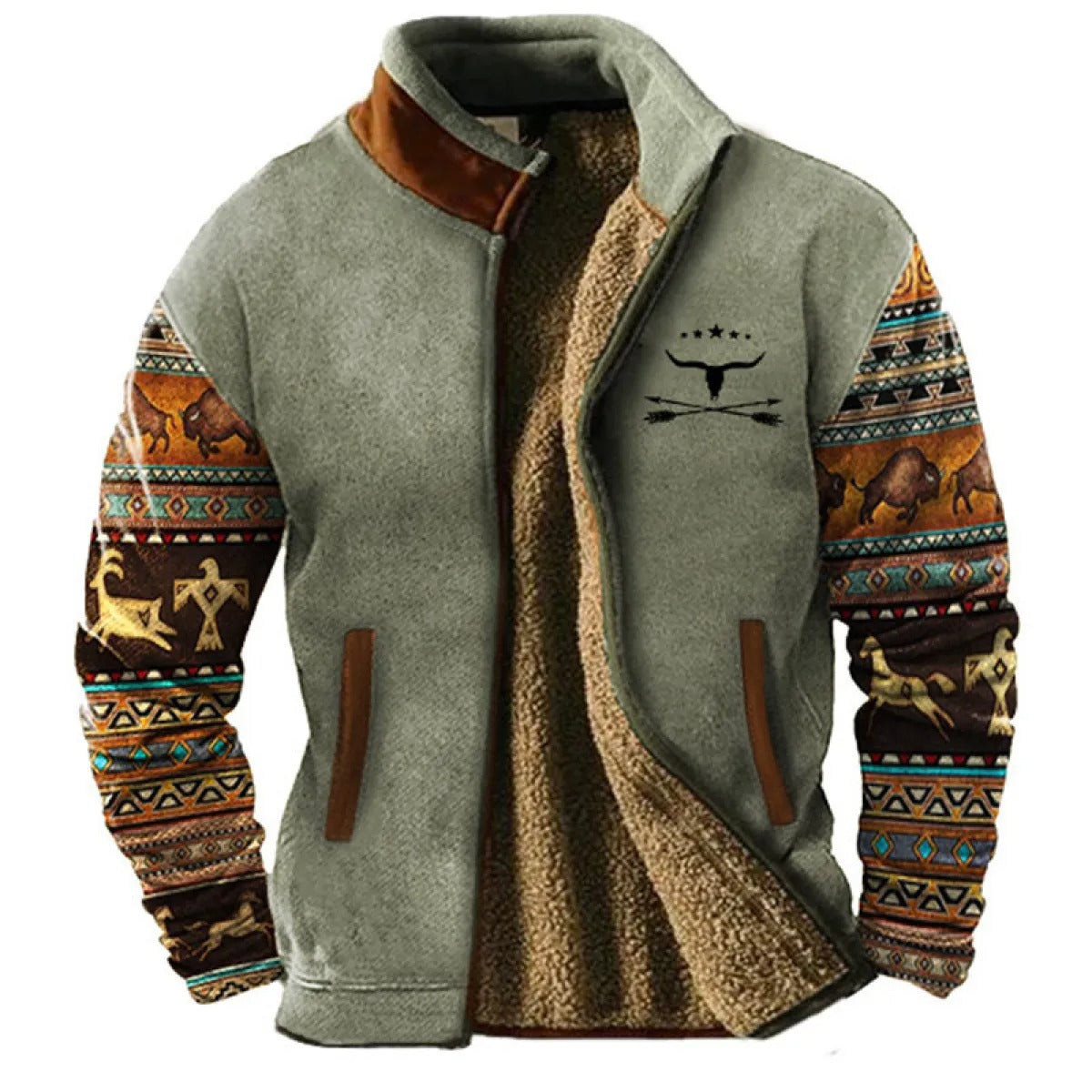 Herren Fleecejacke im Ethno-Stil – Warme Outdoor Freizeitjacke mit Muster