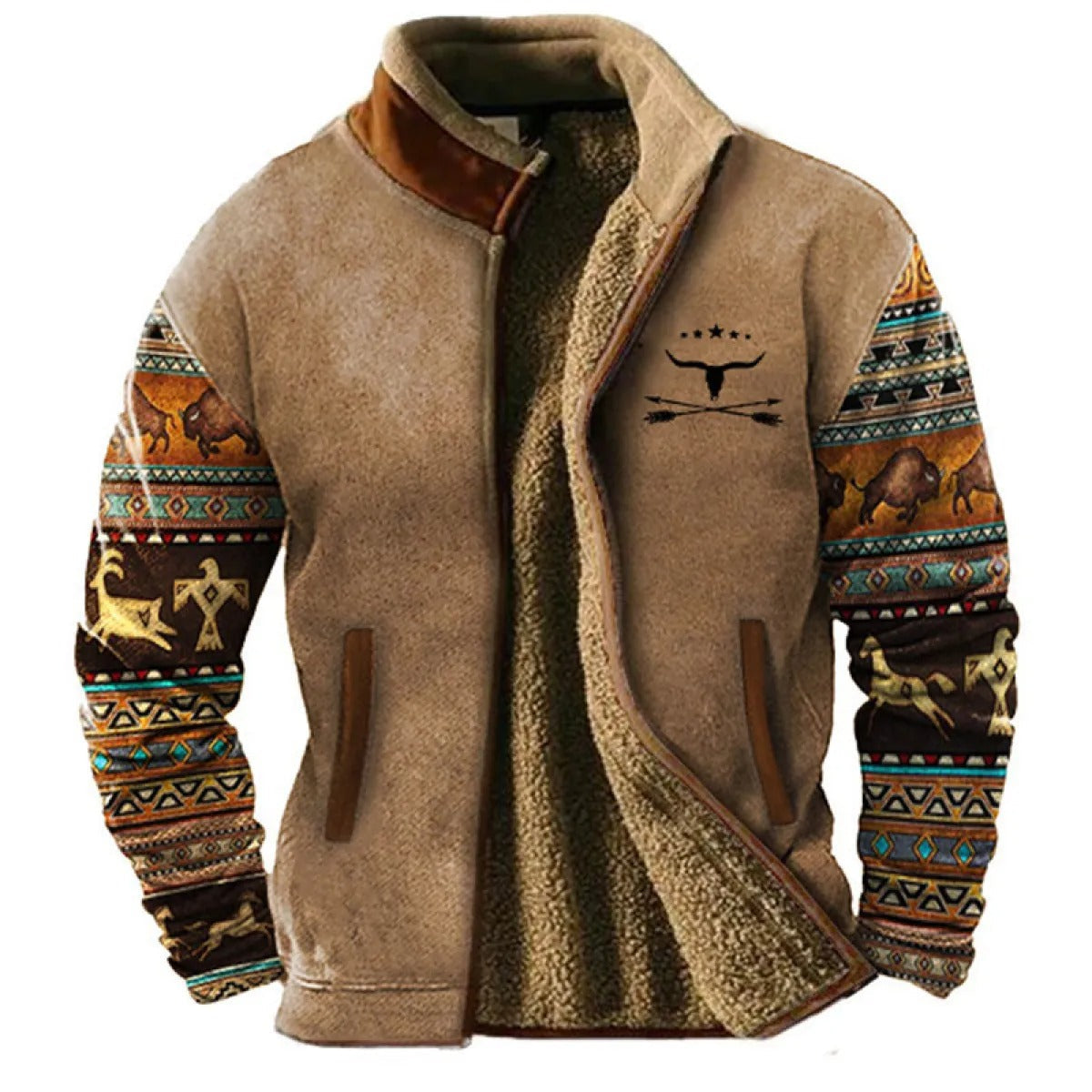 Herren Fleecejacke im Ethno-Stil – Warme Outdoor Freizeitjacke mit Muster