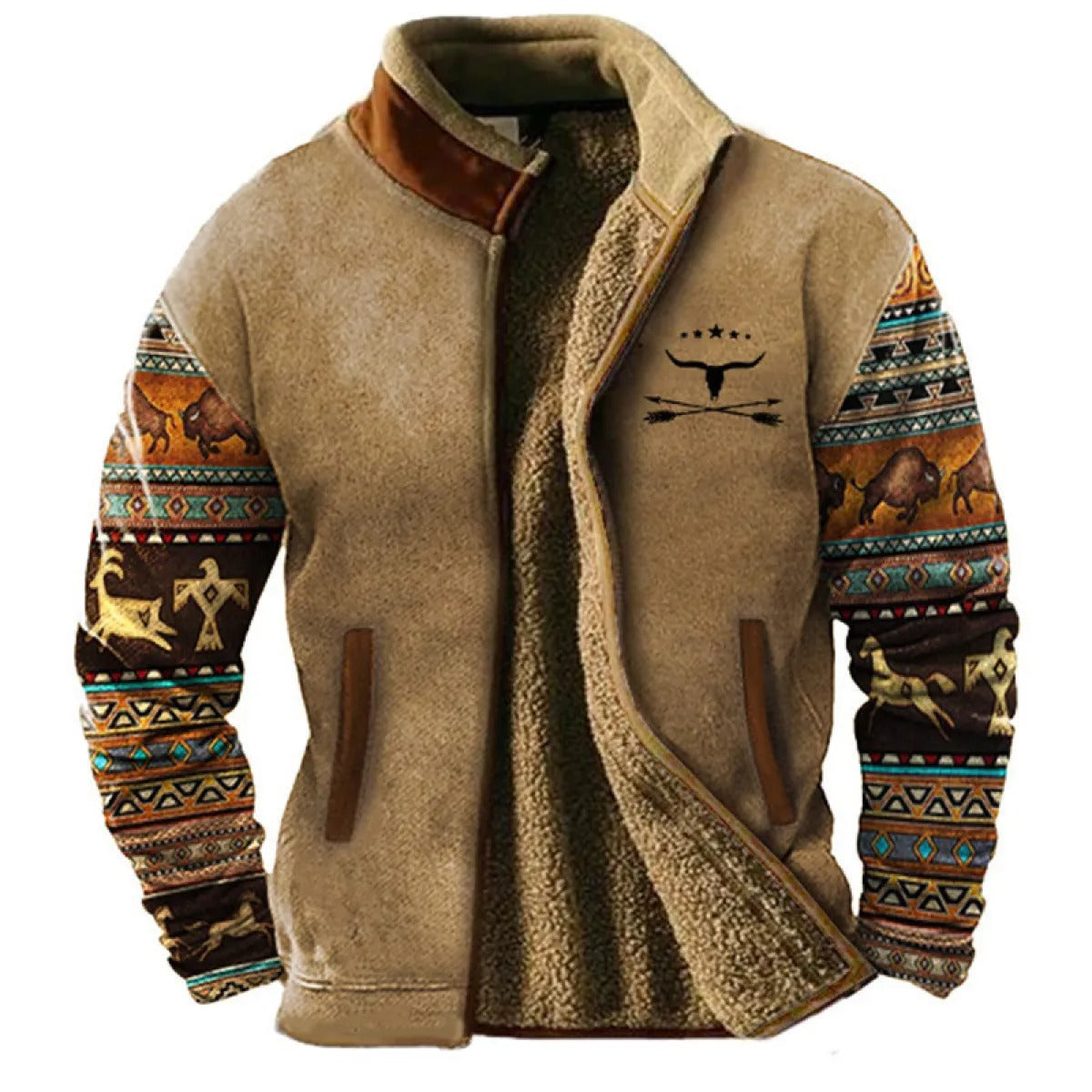 Herren Fleecejacke im Ethno-Stil – Warme Outdoor Freizeitjacke mit Muster