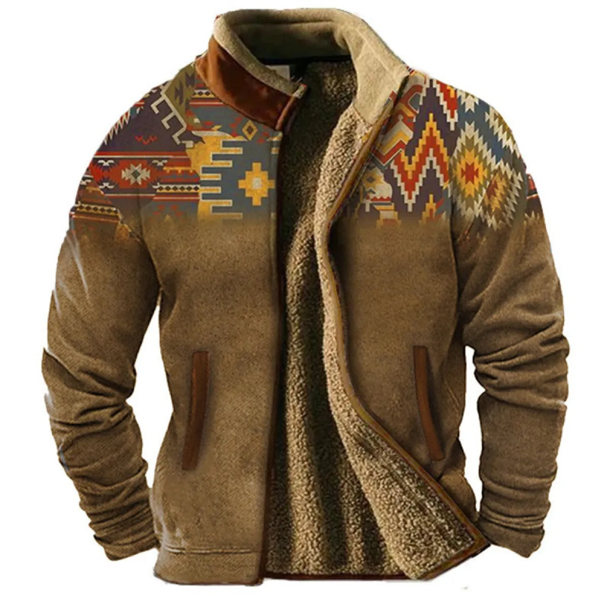 Herren Fleecejacke im Ethno-Stil – Warme Outdoor Freizeitjacke mit Muster