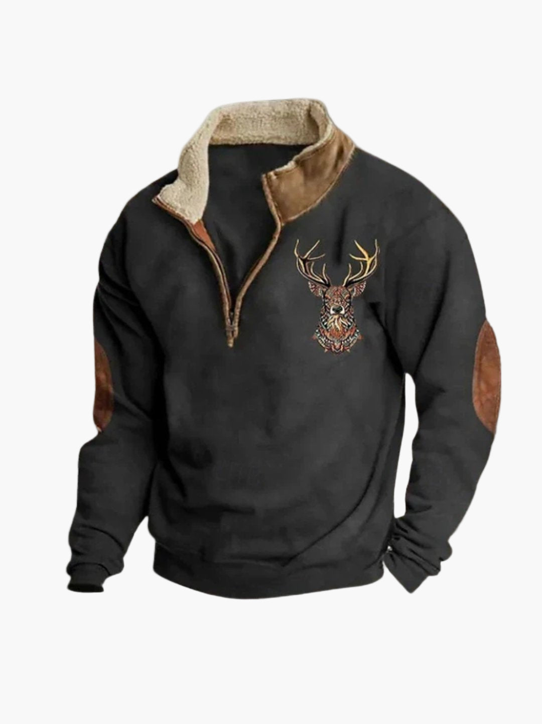 Herren Fleece-Pullover mit Hirschstickerei und Stehkragen – Warmer Freizeit-Sweater mit Viertelreißverschluss