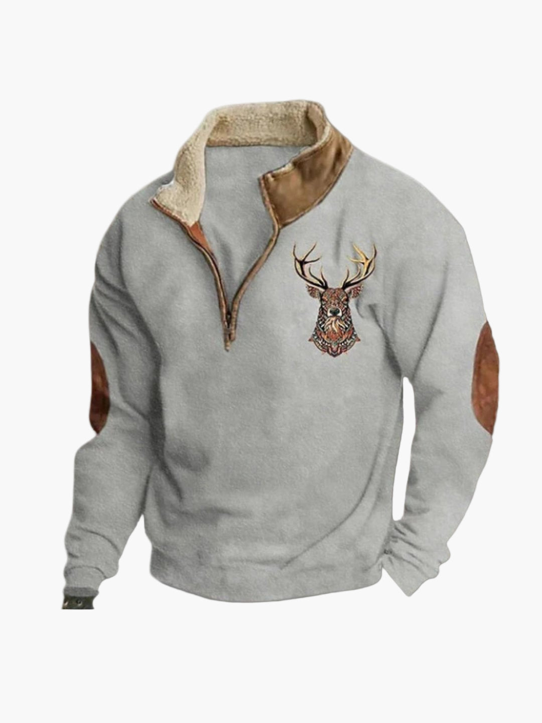 Herren Fleece-Pullover mit Hirschstickerei und Stehkragen – Warmer Freizeit-Sweater mit Viertelreißverschluss