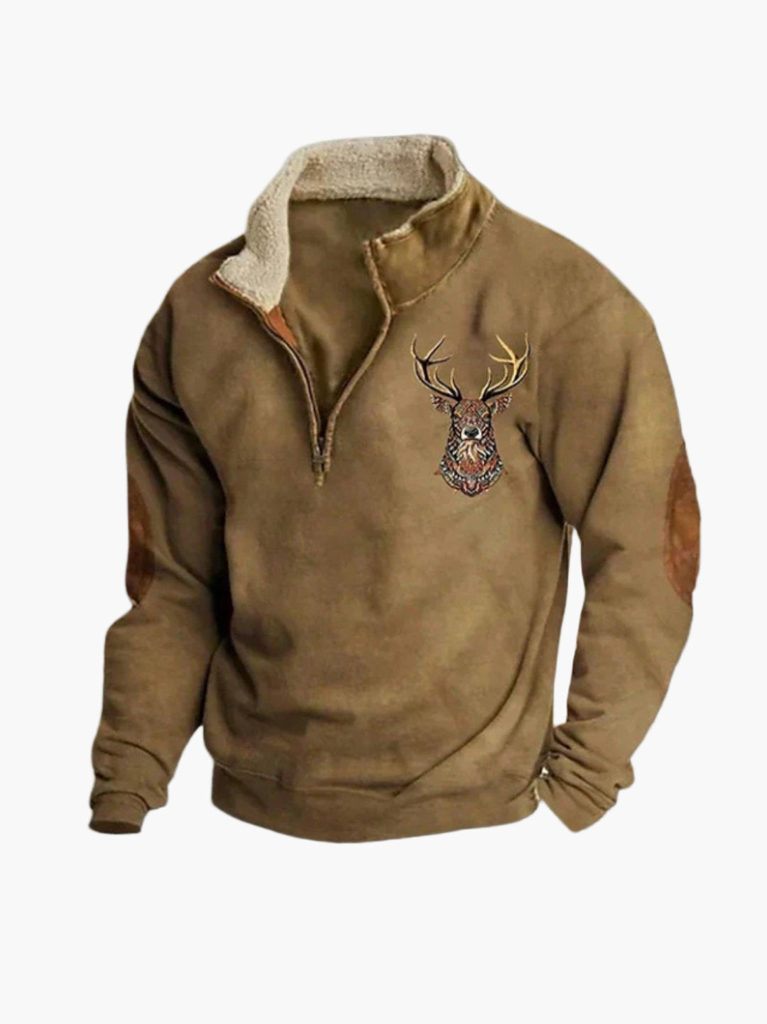Herren Fleece-Pullover mit Hirschstickerei und Stehkragen – Warmer Freizeit-Sweater mit Viertelreißverschluss