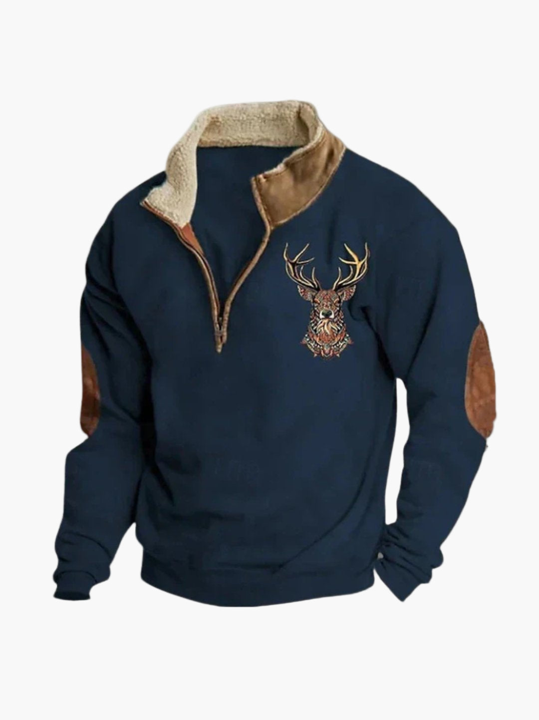 Herren Fleece-Pullover mit Hirschstickerei und Stehkragen – Warmer Freizeit-Sweater mit Viertelreißverschluss