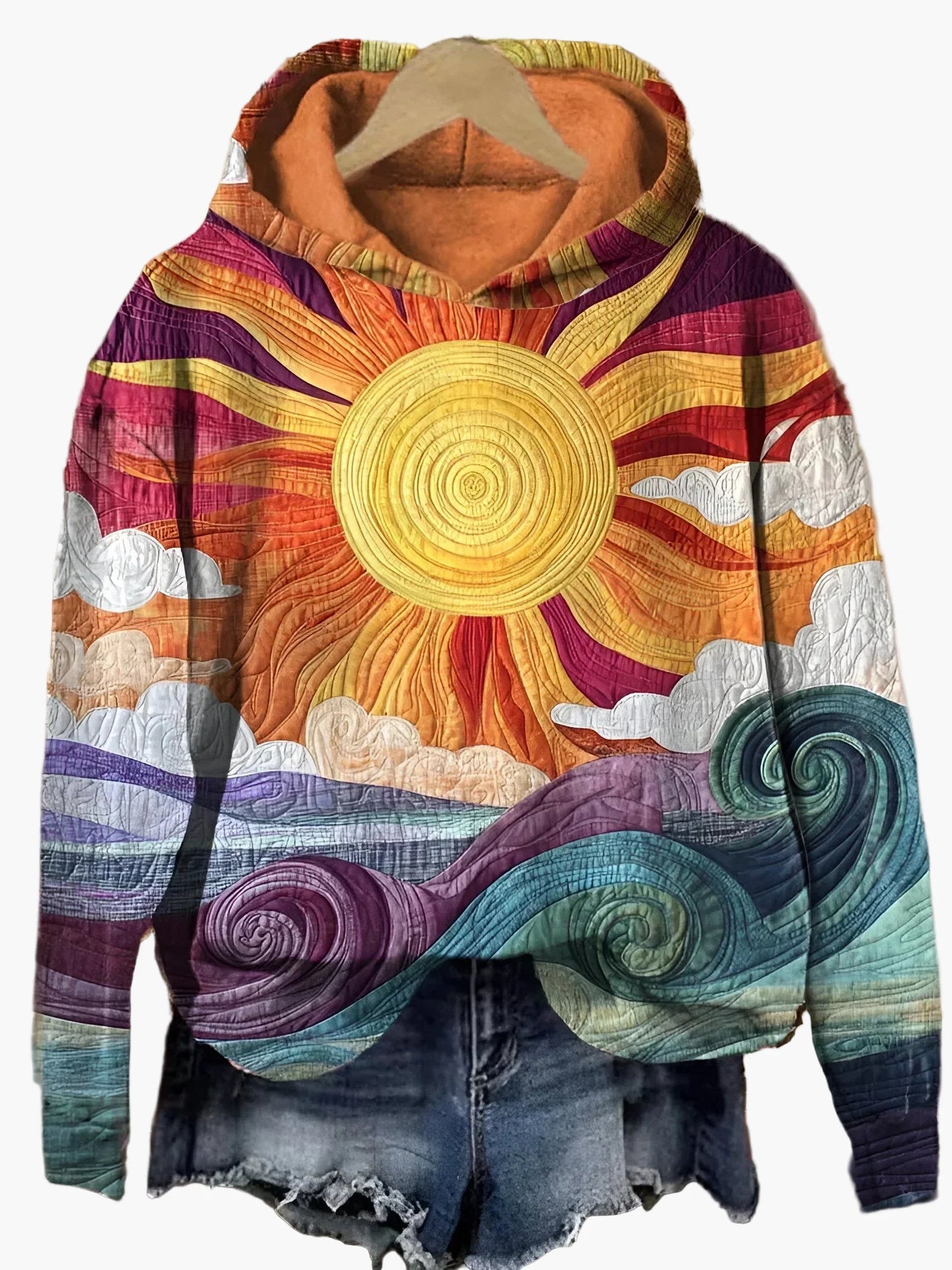 Damen Hoodie mit künstlerischem Sonnen- und Meeresmotiv – Boho Style Freizeitpullover