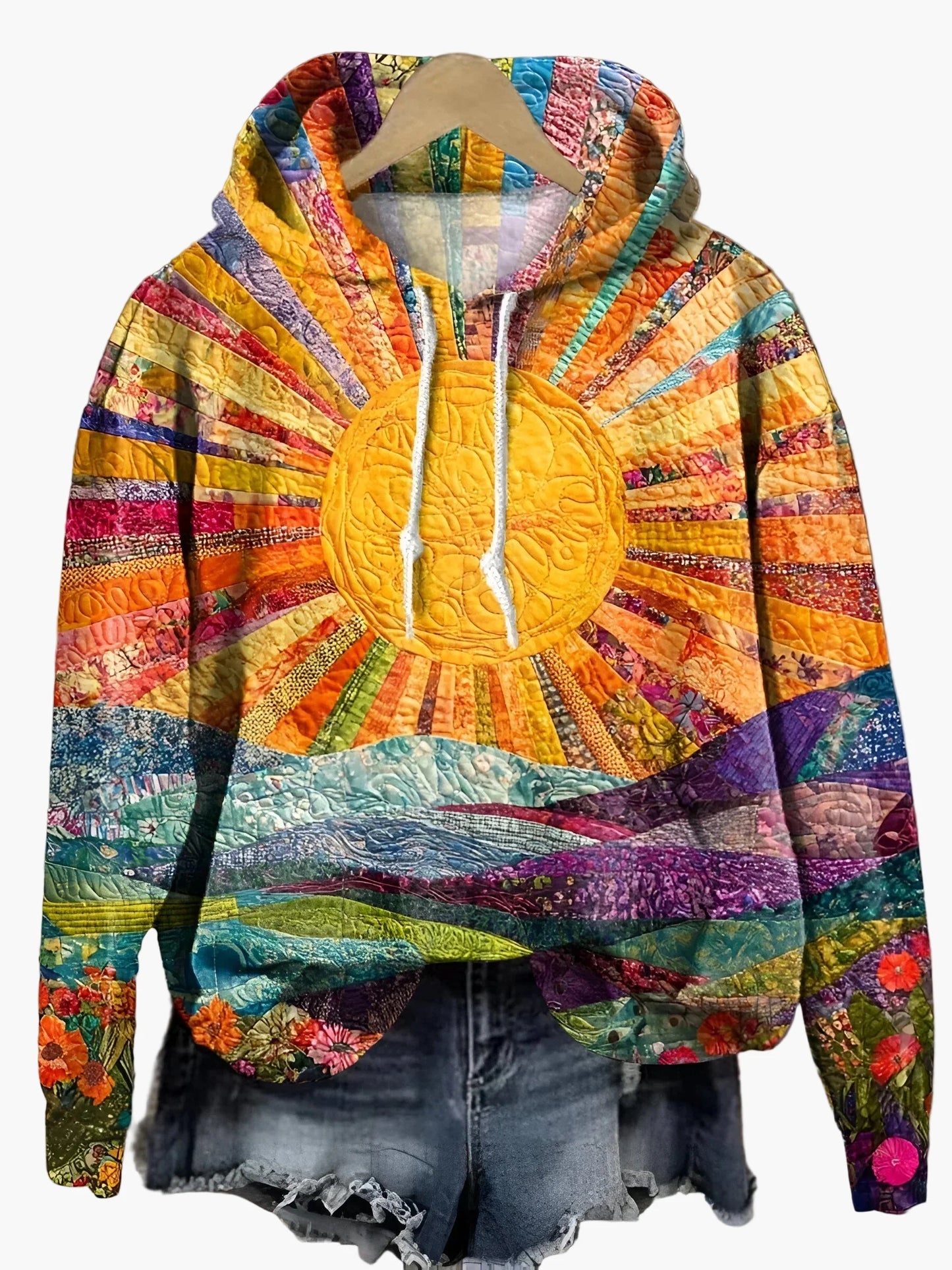 Damen Hoodie mit Sonnenaufgang Patchwork Design – Künstlerischer Freizeitpullover für Alltag & Festival