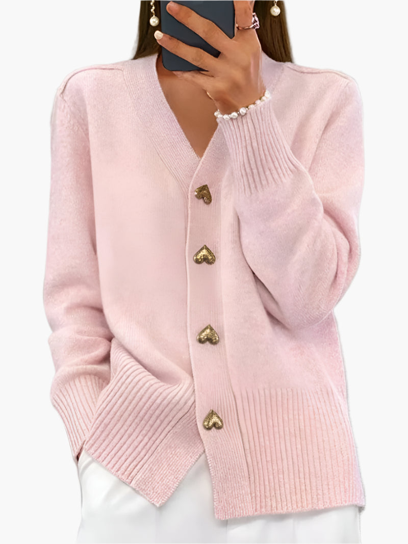 Damen Cardigan mit Herzknöpfen – Eleganter Strick für Herbst und Winter, Freizeit & Büro