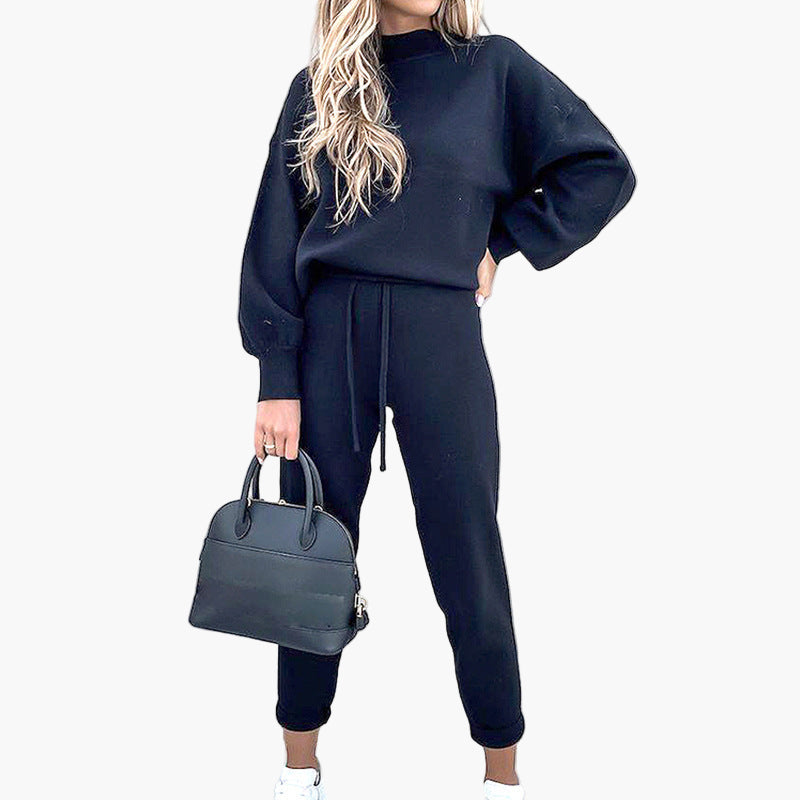Damen Zweiteiliges Lounge-Set mit Stehkragenpullover und High-Waist-Hose – Komfortable Freizeitmode
