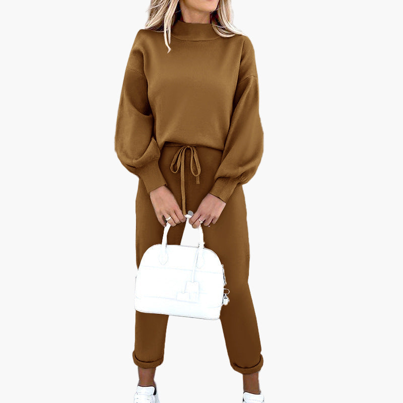 Damen Zweiteiliges Lounge-Set mit Stehkragenpullover und High-Waist-Hose – Komfortable Freizeitmode