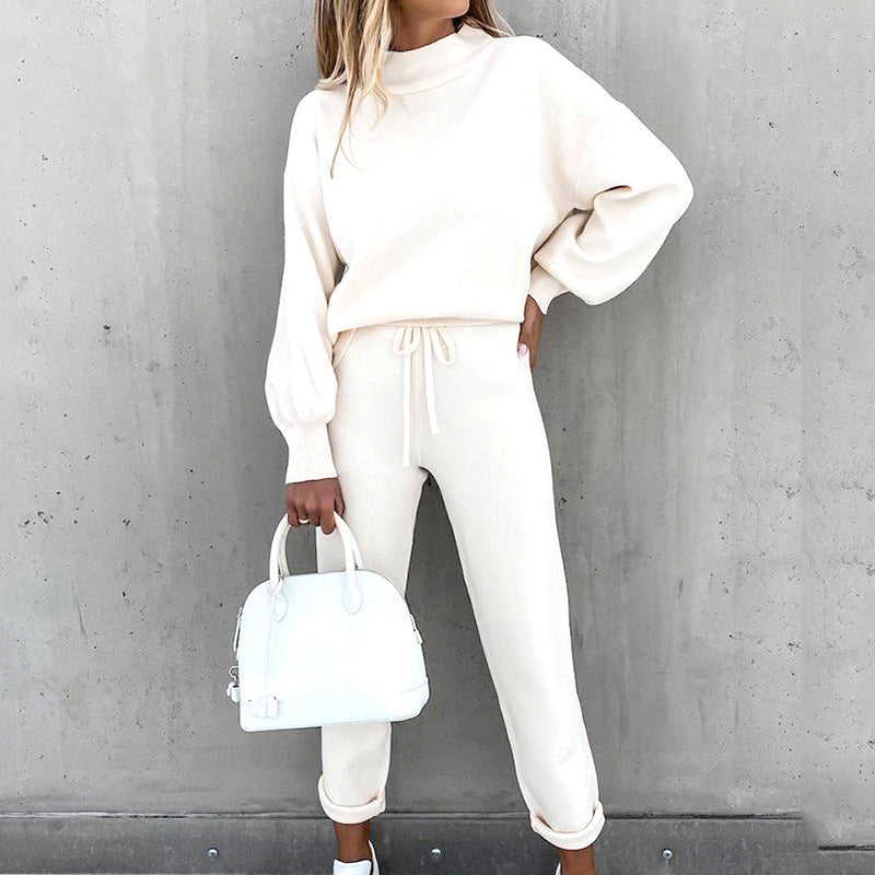 Damen Zweiteiliges Lounge-Set mit Stehkragenpullover und High-Waist-Hose – Komfortable Freizeitmode