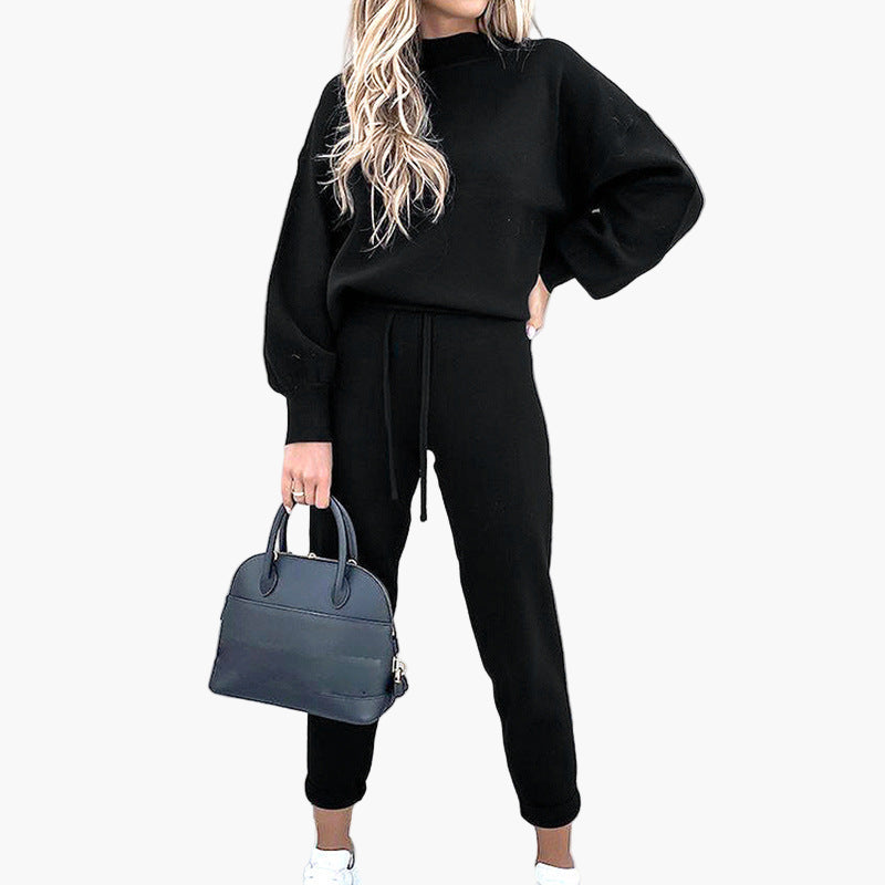 Damen Zweiteiliges Lounge-Set mit Stehkragenpullover und High-Waist-Hose – Komfortable Freizeitmode