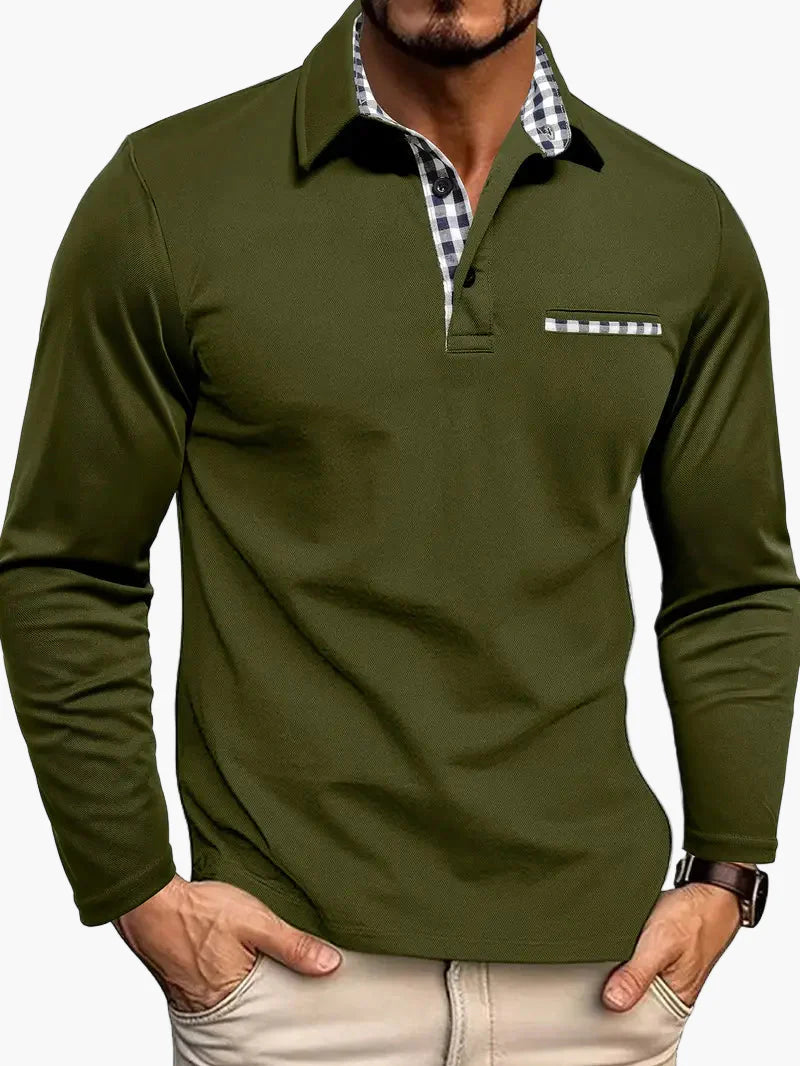 Herren Langarm Poloshirt mit Karomuster-Details – Eleganter und Vielseitiger Freizeitstil