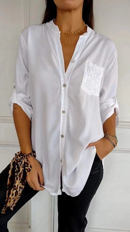 Ruth – Freizeit Bluse mit Pailletten Tasche Design