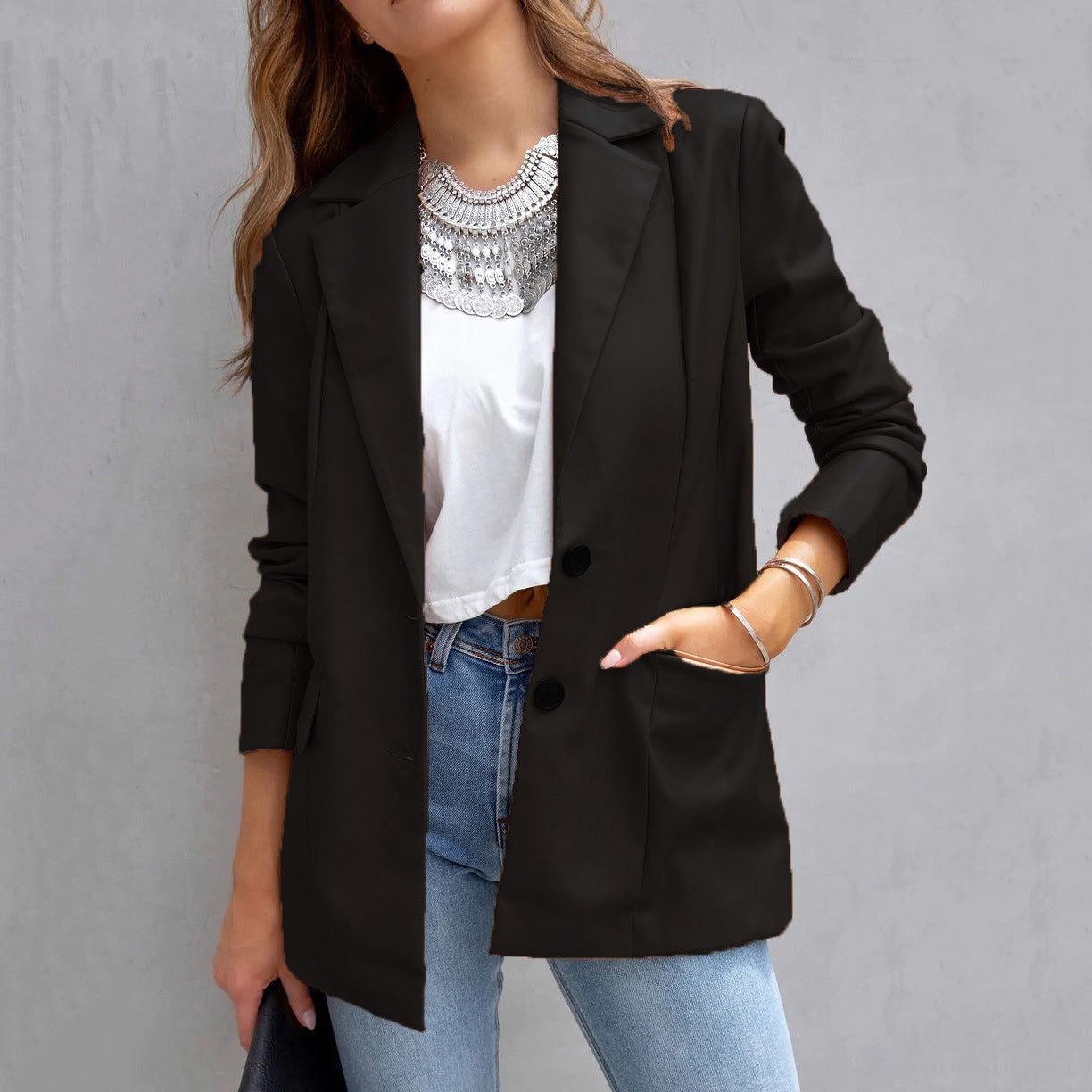 Ann – Langer Damen-PU-Cardigan mit Knöpfen