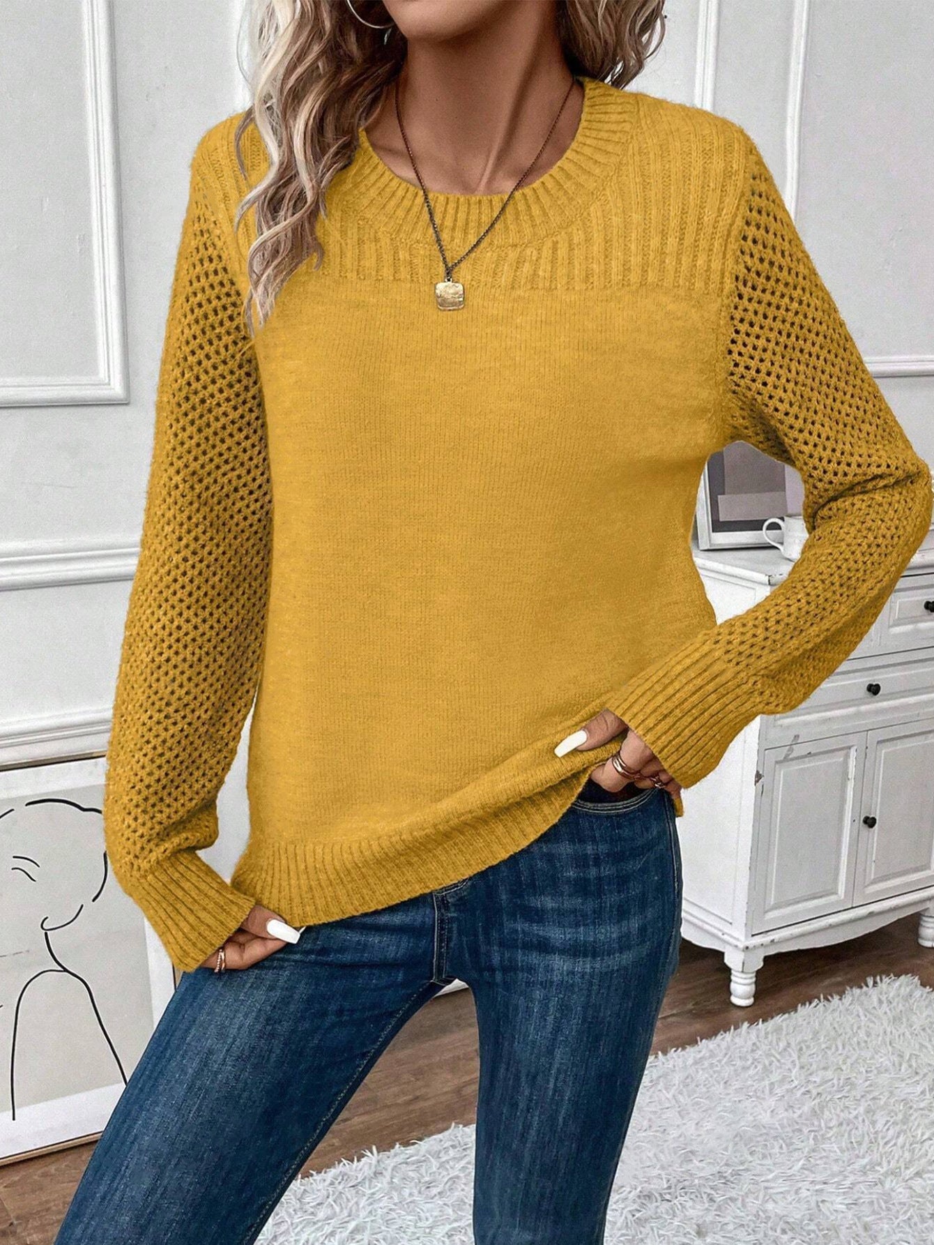 Melanie – Rundhals Pullover mit langen Ärmeln in Uni-Farben